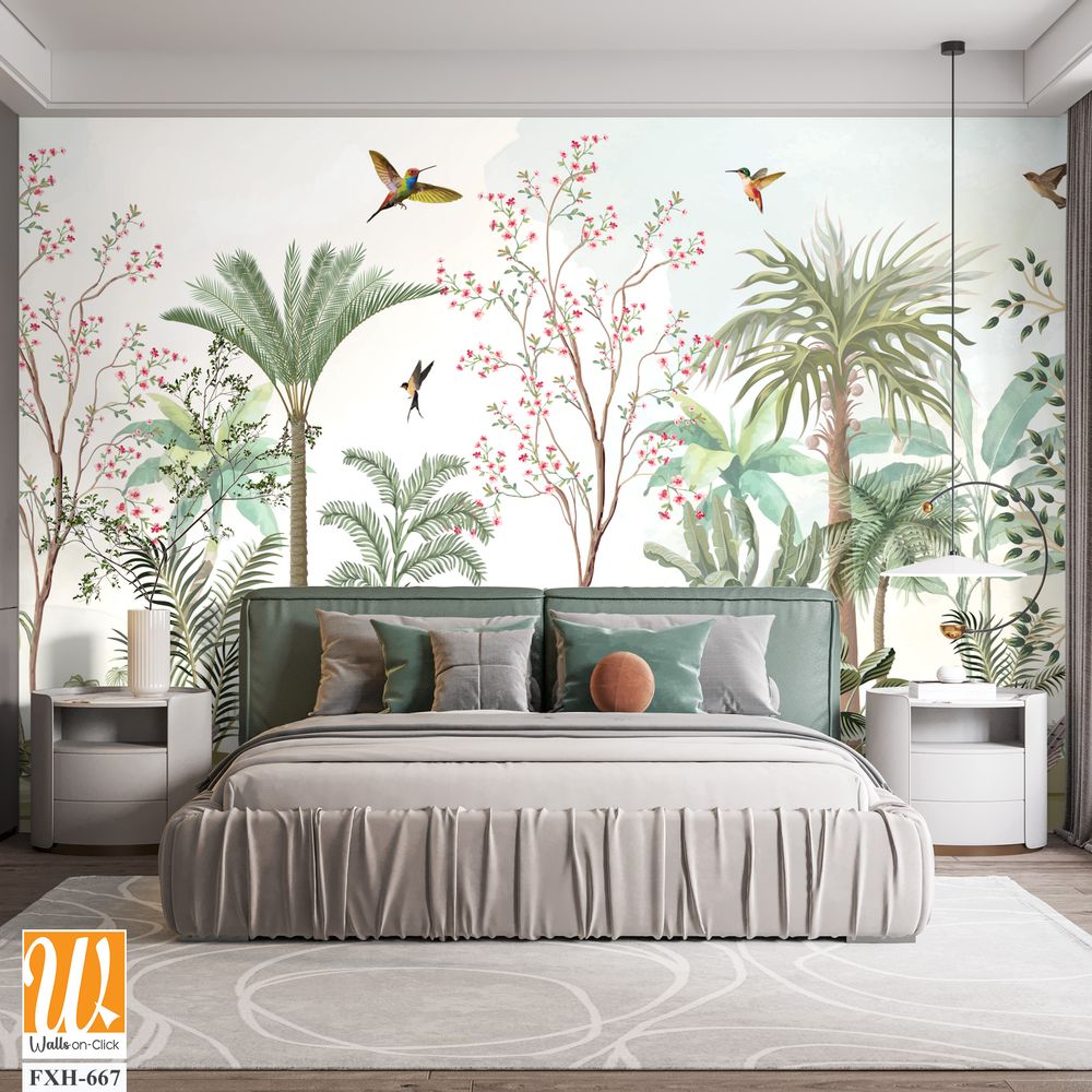 Bird and Branch Mural in Peach Sunrise, Tropical plant, garden, watercolor background. [WP-FXH-667]