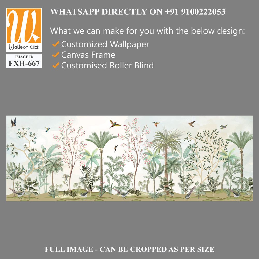 Bird and Branch Mural in Peach Sunrise, Tropical plant, garden, watercolor background. [WP-FXH-667]