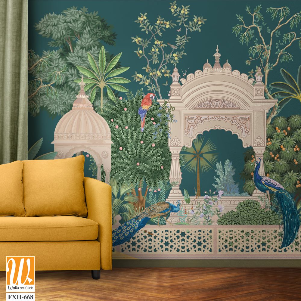 Mughal forest garden with peacock, parrot, plant and botanical tree landscape illustration pattern [WP-FXH-668]