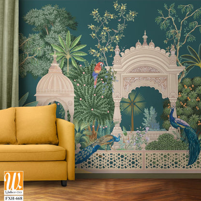 Mughal forest garden with peacock, parrot, plant and botanical tree landscape illustration pattern [WP-FXH-668]
