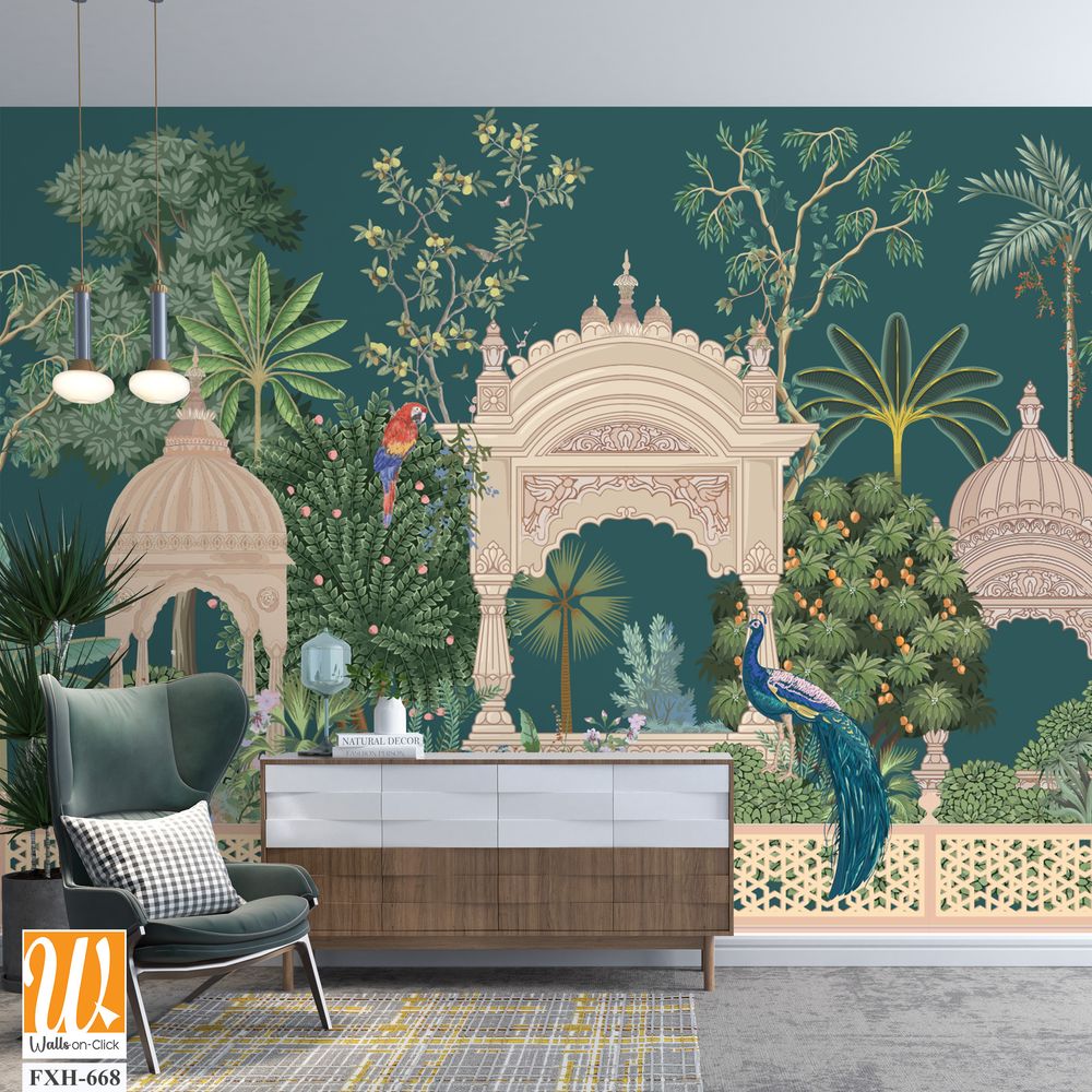 Mughal forest garden with peacock, parrot, plant and botanical tree landscape illustration pattern [WP-FXH-668]