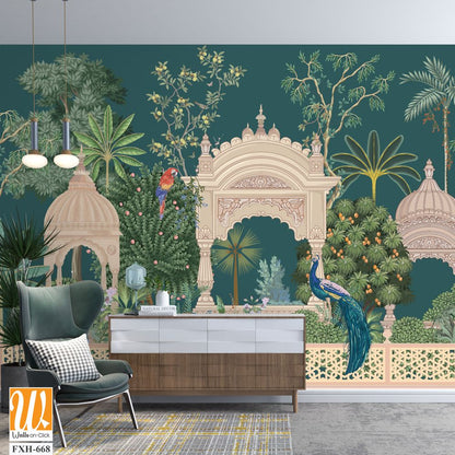 Mughal forest garden with peacock, parrot, plant and botanical tree landscape illustration pattern [WP-FXH-668]