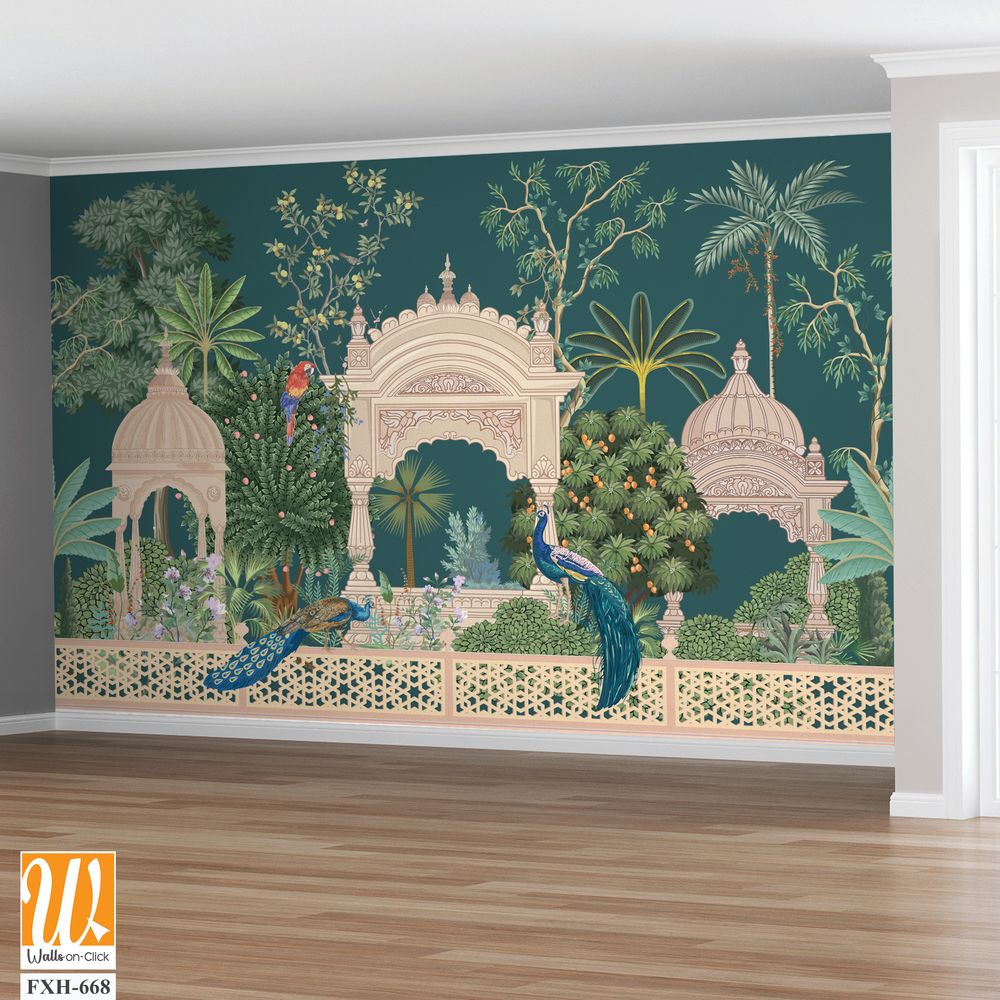Mughal forest garden with peacock, parrot, plant and botanical tree landscape illustration pattern [WP-FXH-668]