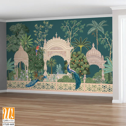 Mughal forest garden with peacock, parrot, plant and botanical tree landscape illustration pattern [WP-FXH-668]