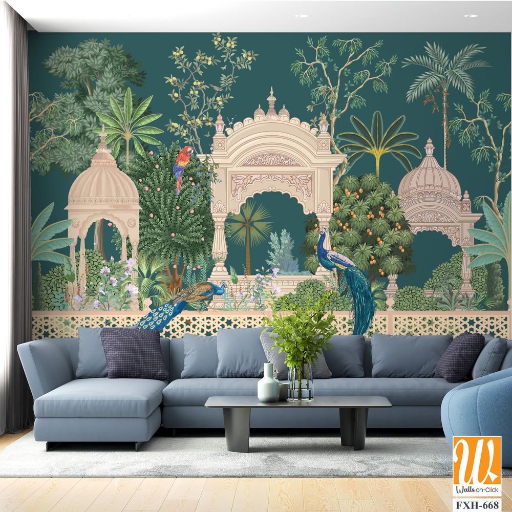 Mughal forest garden with peacock, parrot, plant and botanical tree landscape illustration pattern [WP-FXH-668]