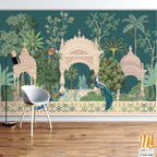 Mughal forest garden with peacock, parrot, plant and botanical tree landscape illustration pattern [WP-FXH-668]