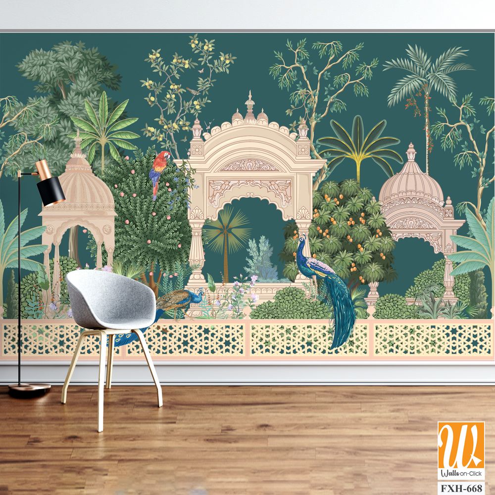 Mughal forest garden with peacock, parrot, plant and botanical tree landscape illustration pattern [WP-FXH-668]