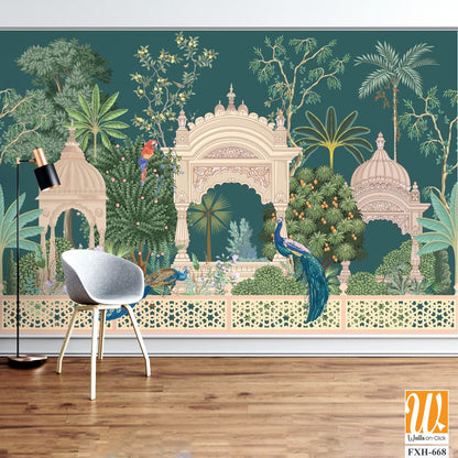 Mughal forest garden with peacock, parrot, plant and botanical tree landscape illustration pattern [WP-FXH-668]