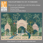 Mughal forest garden with peacock, parrot, plant and botanical tree landscape illustration pattern [WP-FXH-668]