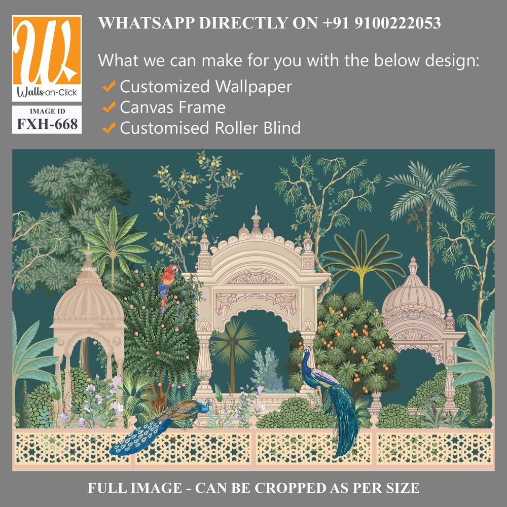 Mughal forest garden with peacock, parrot, plant and botanical tree landscape illustration pattern [WP-FXH-668]