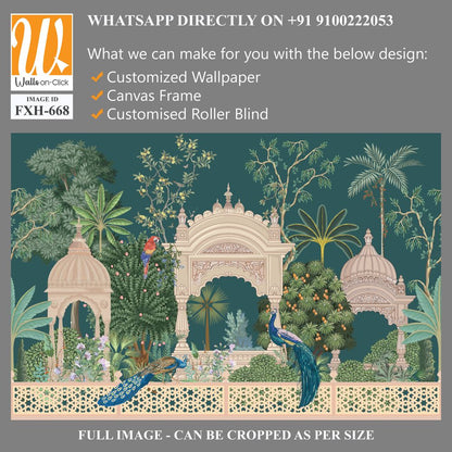 Mughal forest garden with peacock, parrot, plant and botanical tree landscape illustration pattern [WP-FXH-668]