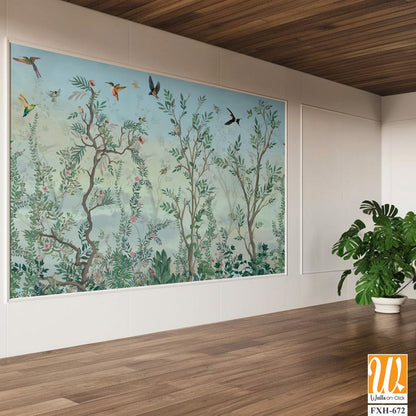 BLOSSOM CHINOISERIE Wallpaper, Watercolor Background, Birds, Watercolor Tree. [WP-FXH-672]