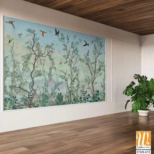 BLOSSOM CHINOISERIE Wallpaper, Watercolor Background, Birds, Watercolor Tree. [WP-FXH-672]