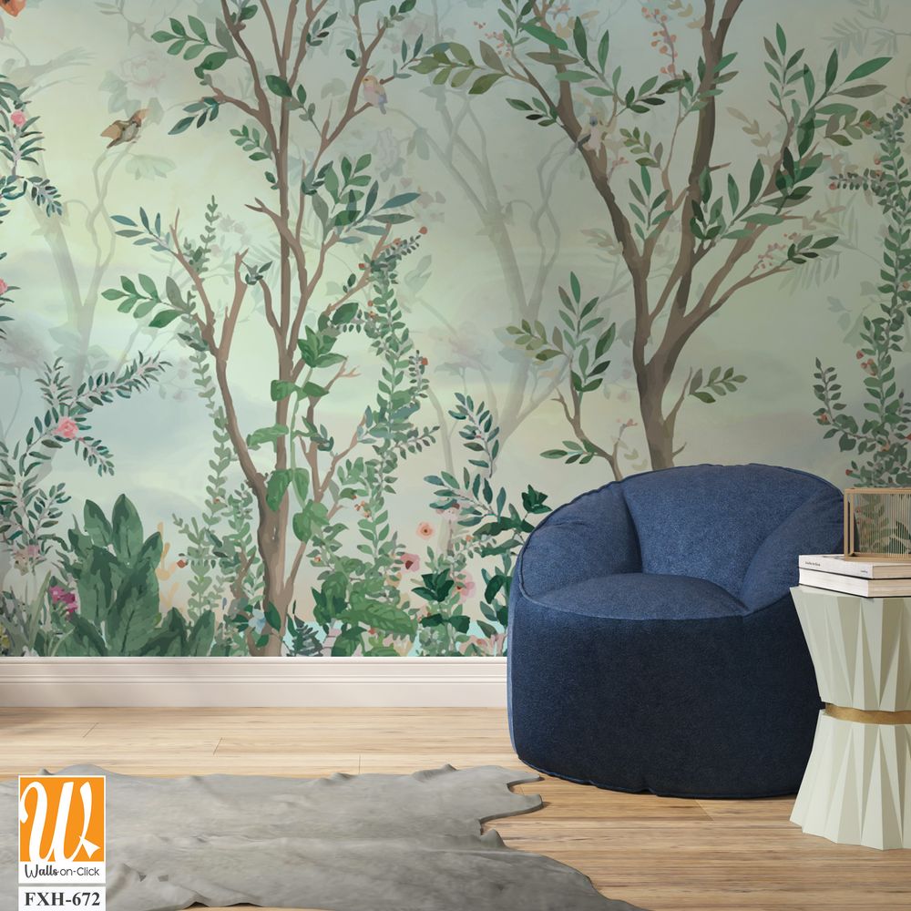 BLOSSOM CHINOISERIE Wallpaper, Watercolor Background, Birds, Watercolor Tree. [WP-FXH-672]