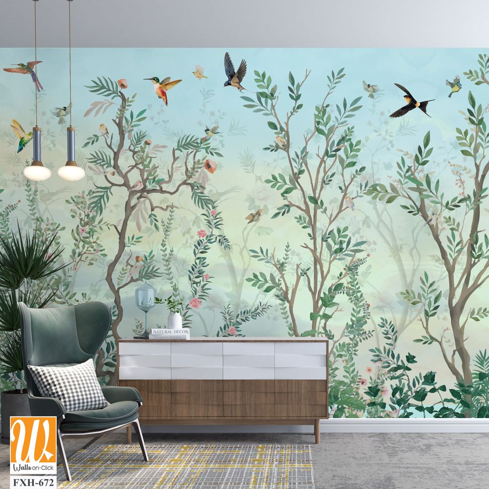 BLOSSOM CHINOISERIE Wallpaper, Watercolor Background, Birds, Watercolor Tree. [WP-FXH-672]
