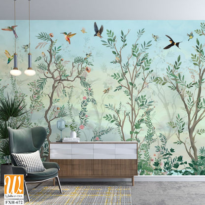 BLOSSOM CHINOISERIE Wallpaper, Watercolor Background, Birds, Watercolor Tree. [WP-FXH-672]