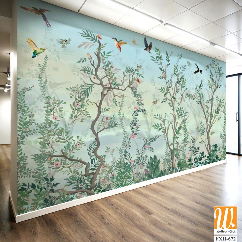 BLOSSOM CHINOISERIE Wallpaper, Watercolor Background, Birds, Watercolor Tree. [WP-FXH-672]