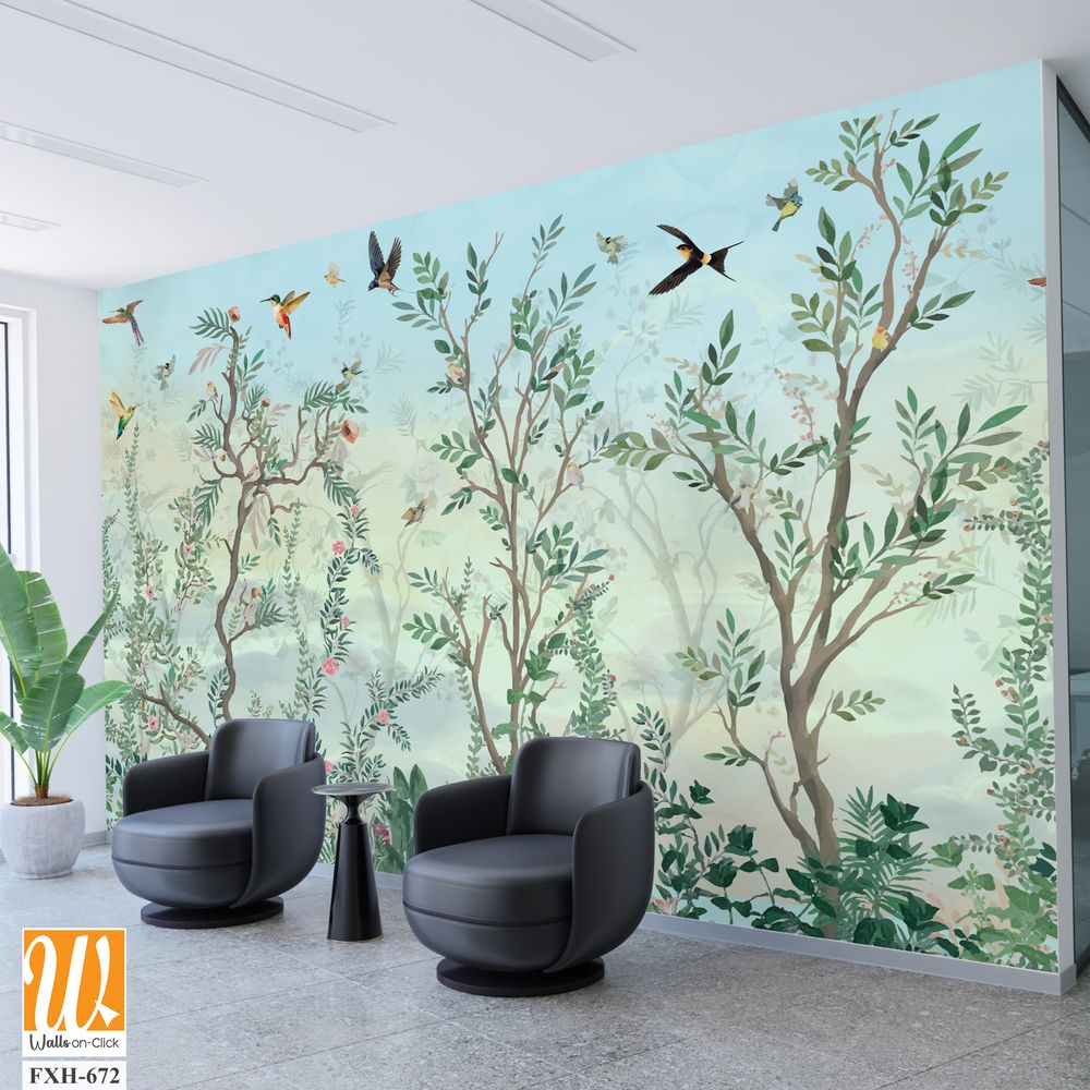 BLOSSOM CHINOISERIE Wallpaper, Watercolor Background, Birds, Watercolor Tree. [WP-FXH-672]