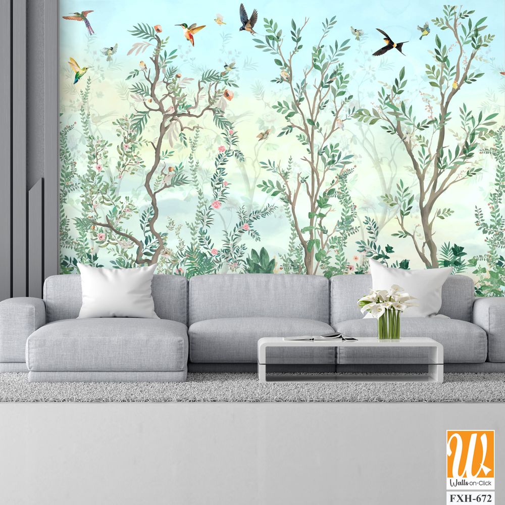 BLOSSOM CHINOISERIE Wallpaper, Watercolor Background, Birds, Watercolor Tree. [WP-FXH-672]