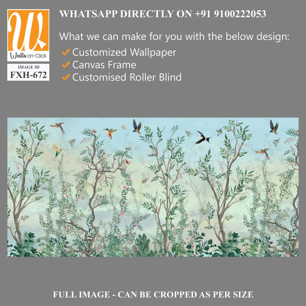 BLOSSOM CHINOISERIE Wallpaper, Watercolor Background, Birds, Watercolor Tree. [WP-FXH-672]