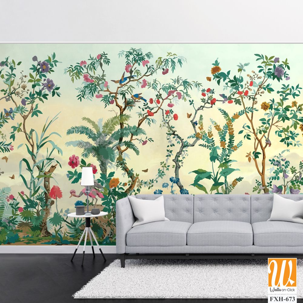 BLOSSOM CHINOISERIE wallpaper background, watercolor Trees and background, birds. [WP-FXH-673]