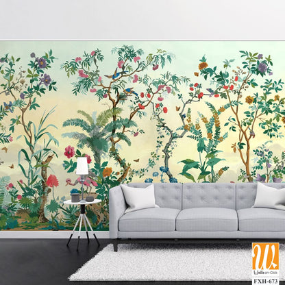 BLOSSOM CHINOISERIE wallpaper background, watercolor Trees and background, birds. [WP-FXH-673]