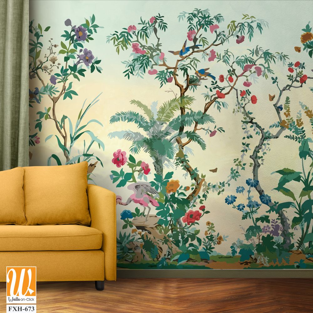 BLOSSOM CHINOISERIE wallpaper background, watercolor Trees and background, birds. [WP-FXH-673]