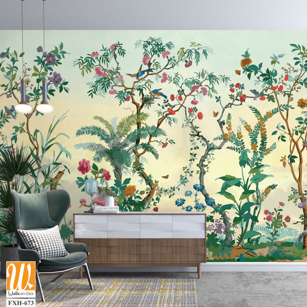 BLOSSOM CHINOISERIE wallpaper background, watercolor Trees and background, birds. [WP-FXH-673]
