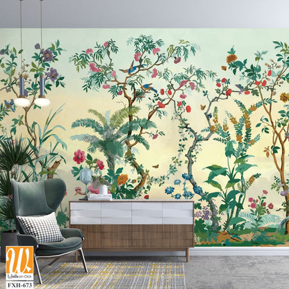 BLOSSOM CHINOISERIE wallpaper background, watercolor Trees and background, birds. [WP-FXH-673]