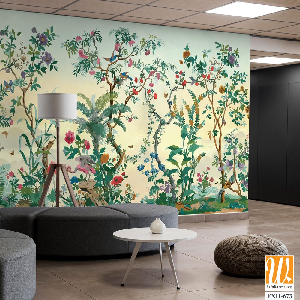 BLOSSOM CHINOISERIE wallpaper background, watercolor Trees and background, birds. [WP-FXH-673]