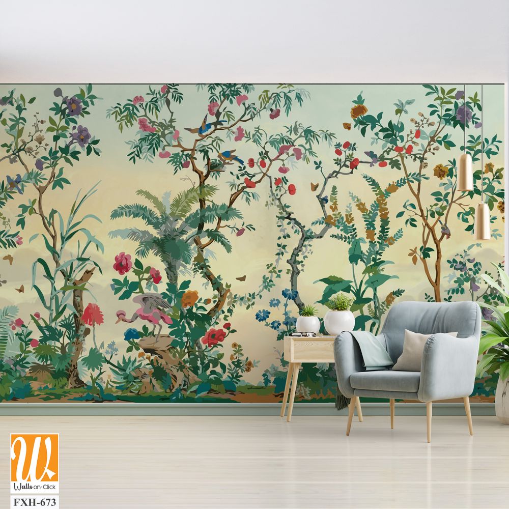 BLOSSOM CHINOISERIE wallpaper background, watercolor Trees and background, birds. [WP-FXH-673]