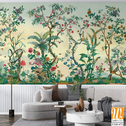 BLOSSOM CHINOISERIE wallpaper background, watercolor Trees and background, birds. [WP-FXH-673]