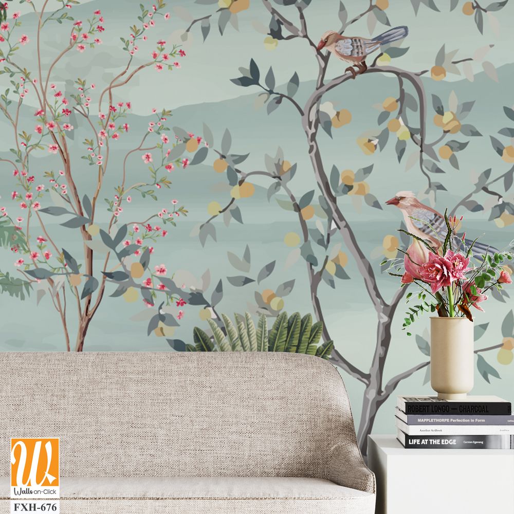 Abingdon Blush Wallpaper,Chinoiserie Mural Wallpaper, Watercolor background, Watercolor Tree and birds. [WP-FXH-676]