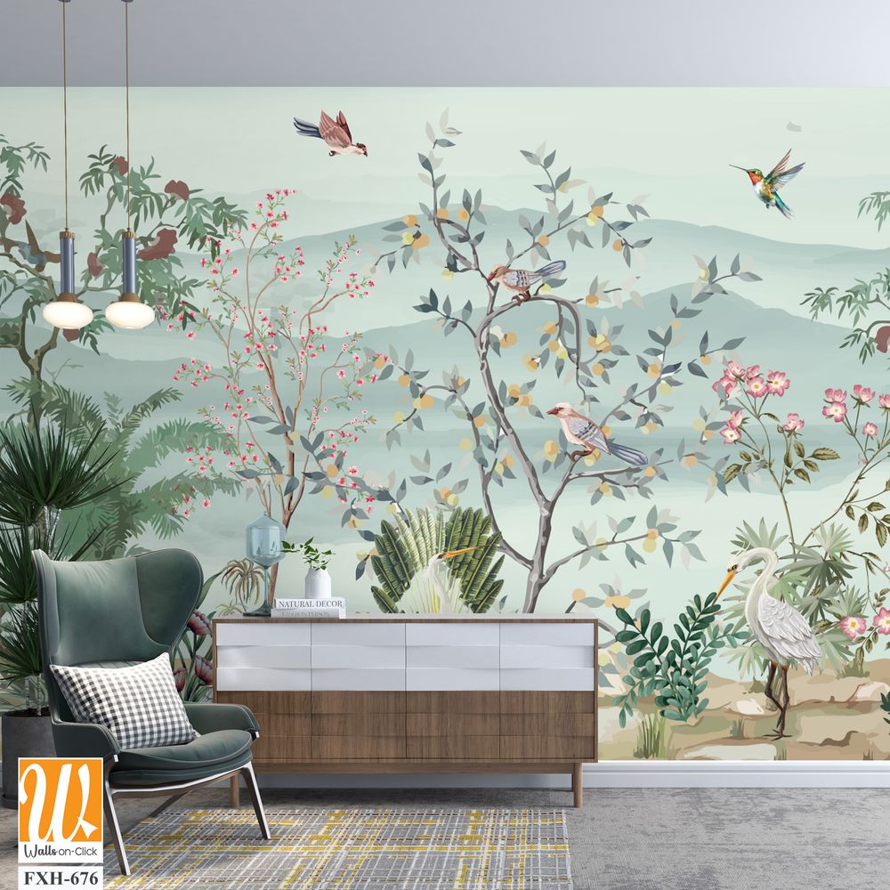 Abingdon Blush Wallpaper,Chinoiserie Mural Wallpaper, Watercolor background, Watercolor Tree and birds. [WP-FXH-676]
