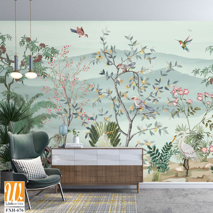 Abingdon Blush Wallpaper,Chinoiserie Mural Wallpaper, Watercolor background, Watercolor Tree and birds. [WP-FXH-676]