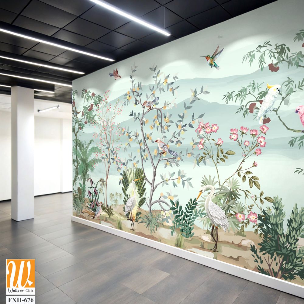 Abingdon Blush Wallpaper,Chinoiserie Mural Wallpaper, Watercolor background, Watercolor Tree and birds. [WP-FXH-676]