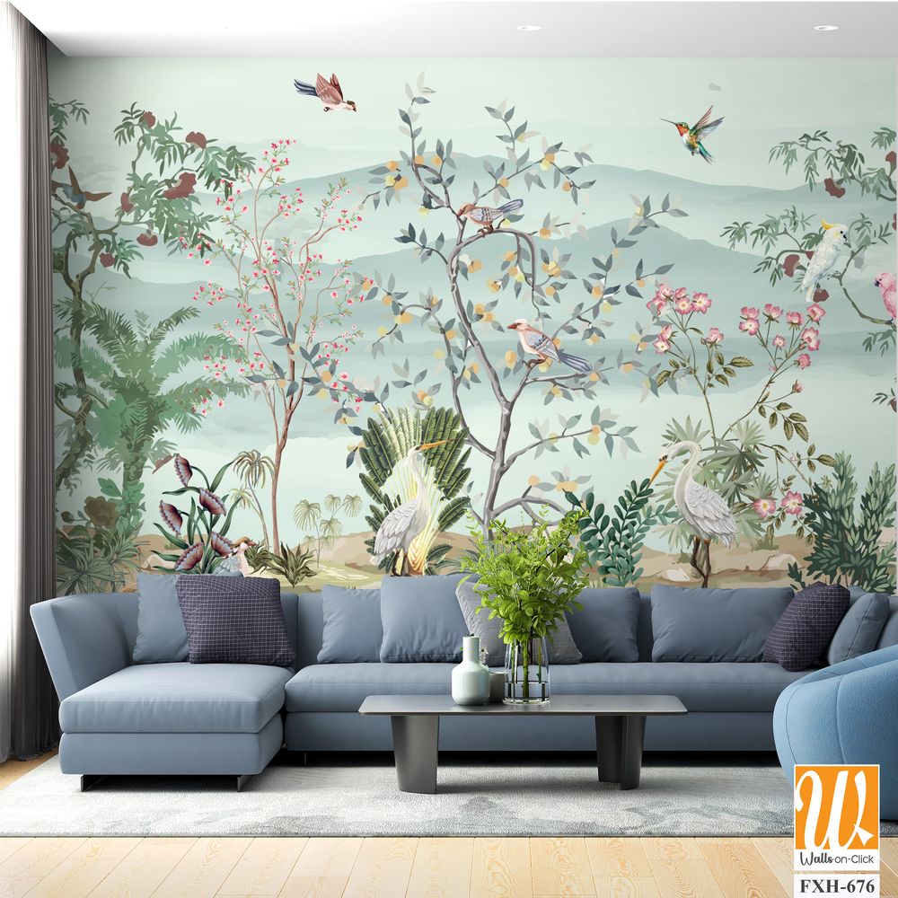 Abingdon Blush Wallpaper,Chinoiserie Mural Wallpaper, Watercolor background, Watercolor Tree and birds. [WP-FXH-676]