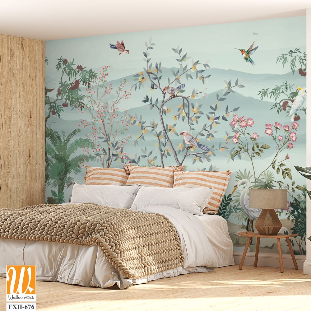 Abingdon Blush Wallpaper,Chinoiserie Mural Wallpaper, Watercolor background, Watercolor Tree and birds. [WP-FXH-676]