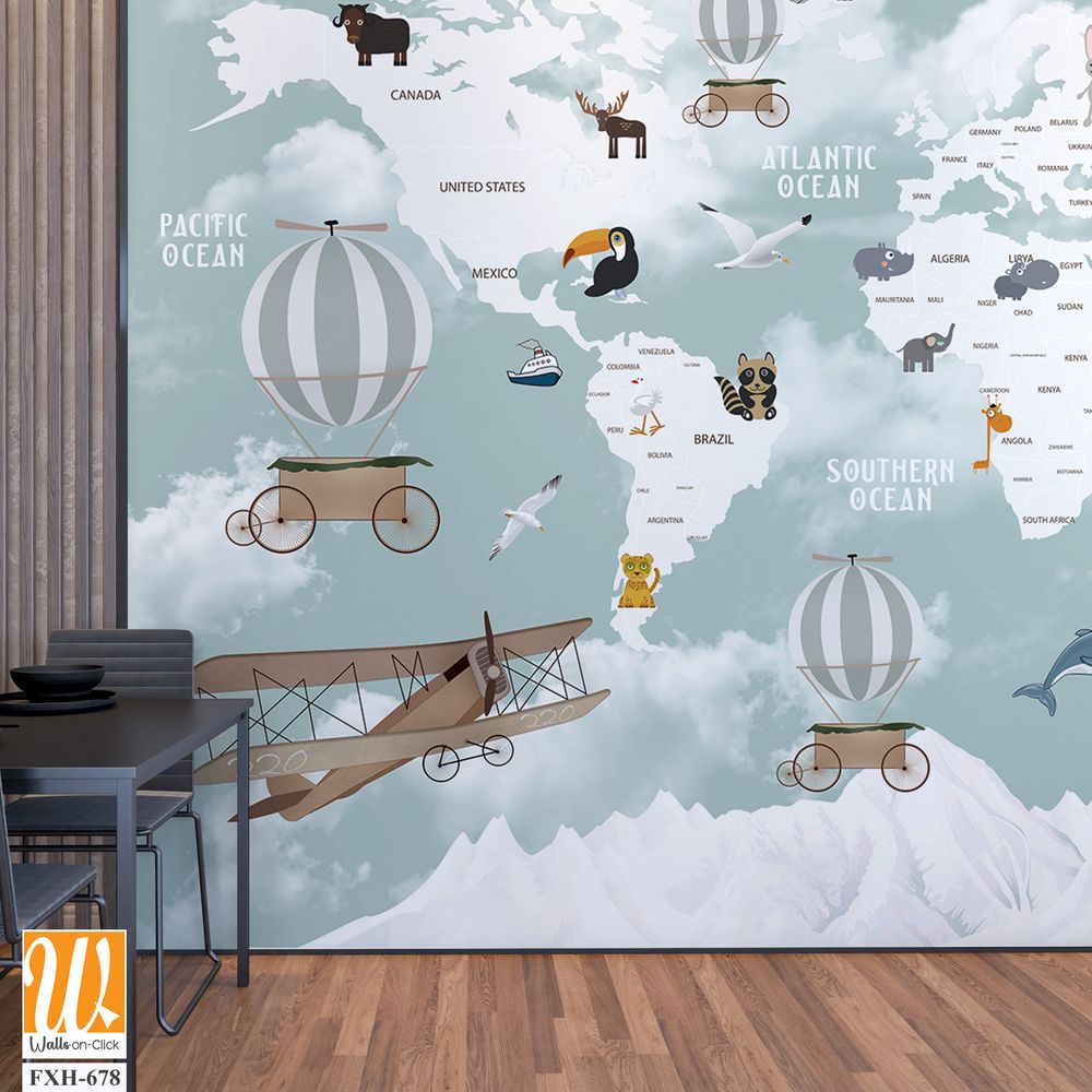 Kids world map, Animals world map, Educational world map wallpaper design for children's rooms [WP-FXH-678]