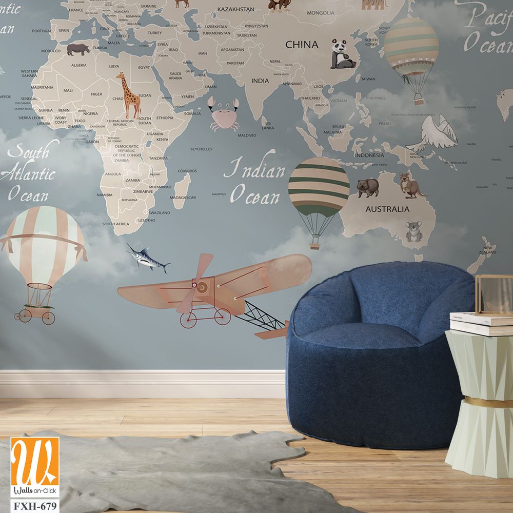 Kids world map, Animals world map, Educational world map wallpaper design for children's rooms [WP-FXH-679]