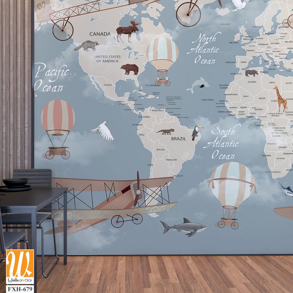 Kids world map, Animals world map, Educational world map wallpaper design for children's rooms [WP-FXH-679]