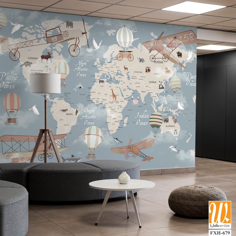 Kids world map, Animals world map, Educational world map wallpaper design for children's rooms [WP-FXH-679]