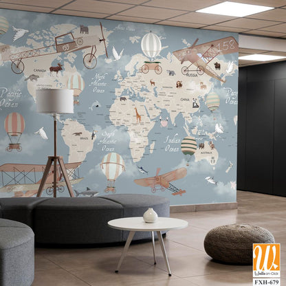 Kids world map, Animals world map, Educational world map wallpaper design for children's rooms [WP-FXH-679]