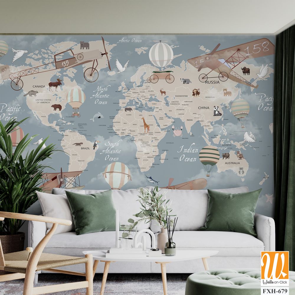 Kids world map, Animals world map, Educational world map wallpaper design for children's rooms [WP-FXH-679]