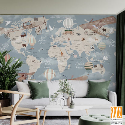Kids world map, Animals world map, Educational world map wallpaper design for children's rooms [WP-FXH-679]