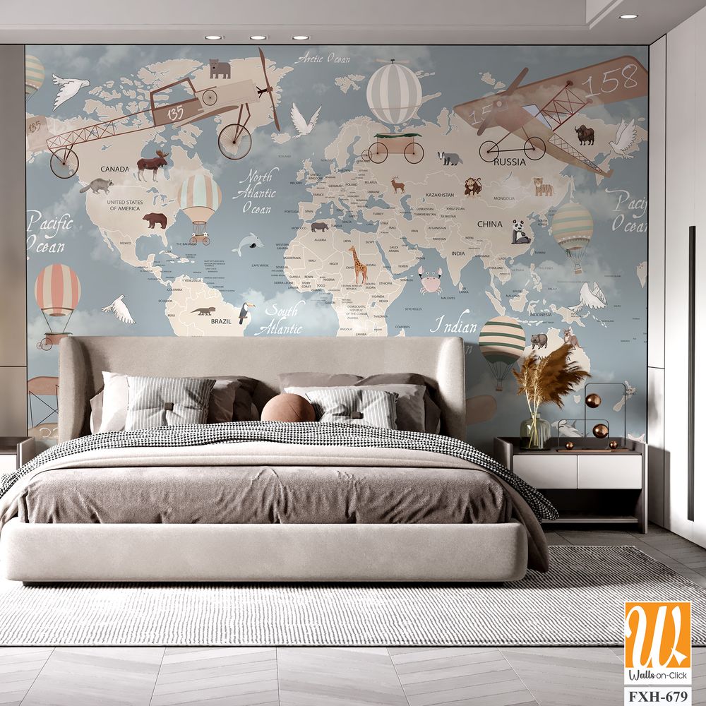 Kids world map, Animals world map, Educational world map wallpaper design for children's rooms [WP-FXH-679]