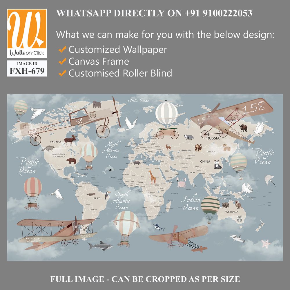 Kids world map, Animals world map, Educational world map wallpaper design for children's rooms [WP-FXH-679]