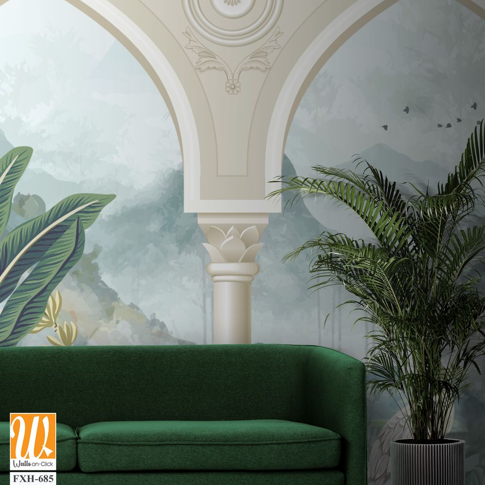Beautiful garden arch bird mountain lake wallpaper. Watercolor Landscape illustrations. Jungle wallpaper illustrations. [WP-FXH-685]