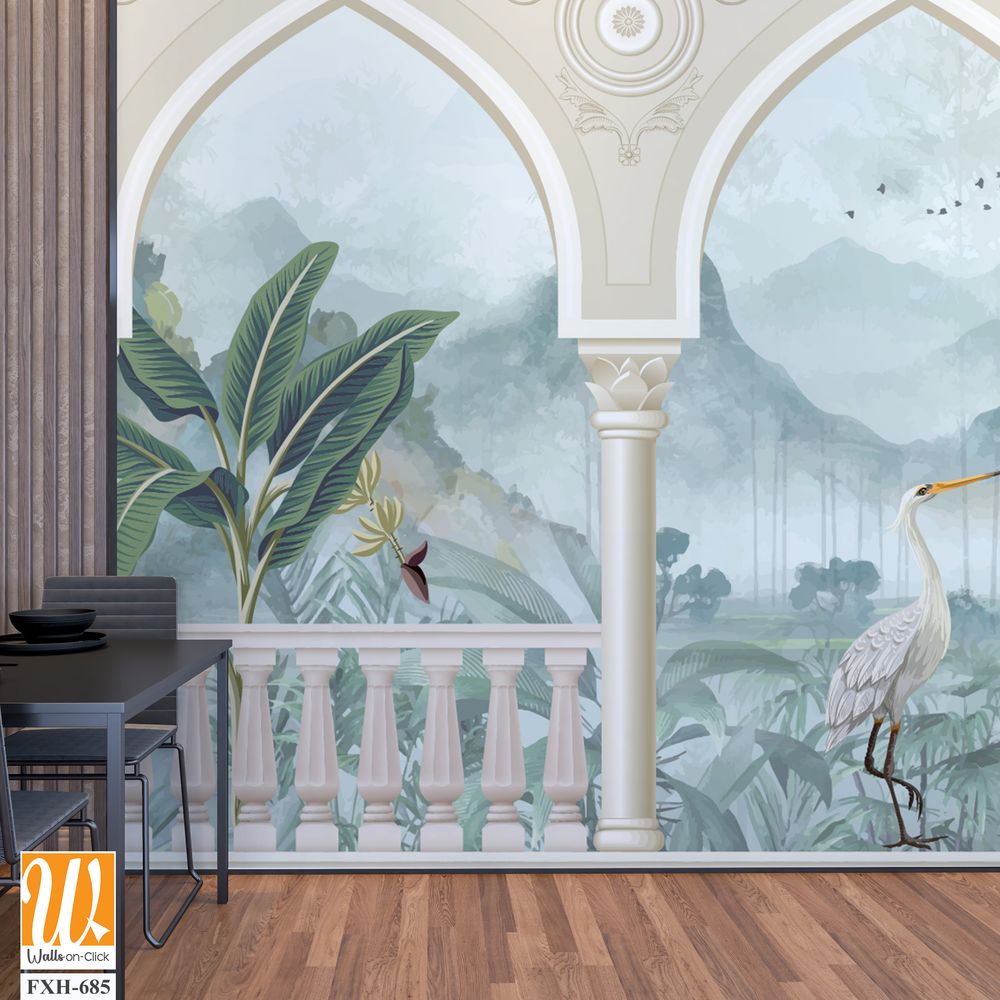 Beautiful garden arch bird mountain lake wallpaper. Watercolor Landscape illustrations. Jungle wallpaper illustrations. [WP-FXH-685]