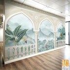 Beautiful garden arch bird mountain lake wallpaper. Watercolor Landscape illustrations. Jungle wallpaper illustrations. [WP-FXH-685]